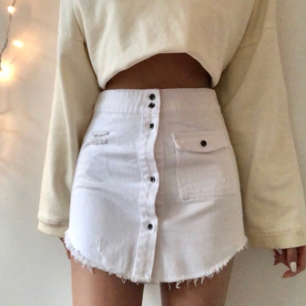 DEAD Studios distressed white denim mini skirt